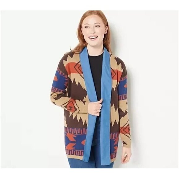 Attitude by Renee Southwest Cardigan with Denim Lapel Womens L Aztec Sienna NEW - Picture 1 of 6